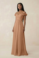 Pleated Off - the - Shoulder A - Line Chiffon Bridesmaid Dress in Bronzer - SHE IS ME Bridesmaid Dresses