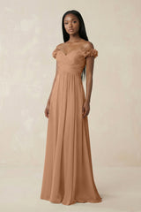 Pleated Off - the - Shoulder A - Line Chiffon Bridesmaid Dress in Bronzer - KISS BRIDAL Bridesmaid Dresses