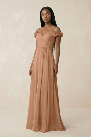 Pleated Off - the - Shoulder A - Line Chiffon Bridesmaid Dress in Bronzer - SHE IS ME Bridesmaid Dresses