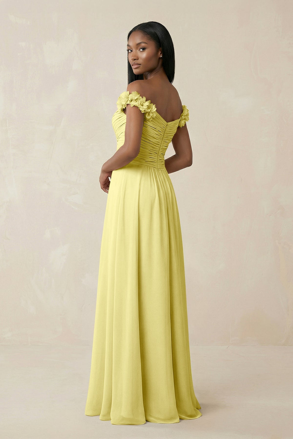 Pleated Off - the - Shoulder A - Line Chiffon Bridesmaid Dress in Buttercup - SHE IS ME Bridesmaid Dresses