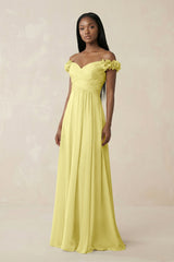 Pleated Off - the - Shoulder A - Line Chiffon Bridesmaid Dress in Buttercup - KISS BRIDAL Bridesmaid Dresses