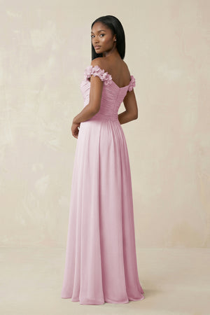 Pleated Off-the-Shoulder A-Line Chiffon Bridesmaid Dress in Candy Pink (2) | KISSBRIDAL