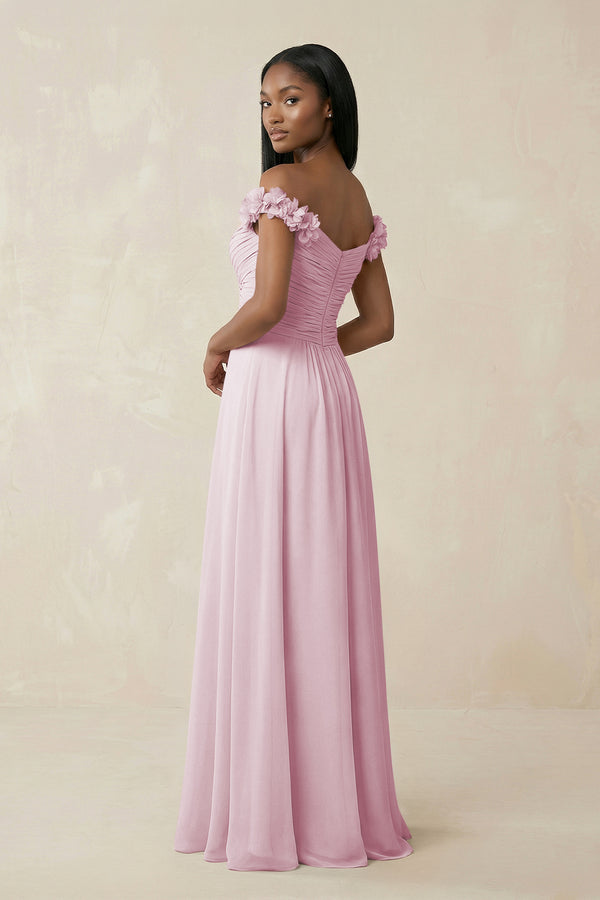 Pleated Off-the-Shoulder A-Line Chiffon Bridesmaid Dress in Candy Pink (2) | KISSBRIDAL