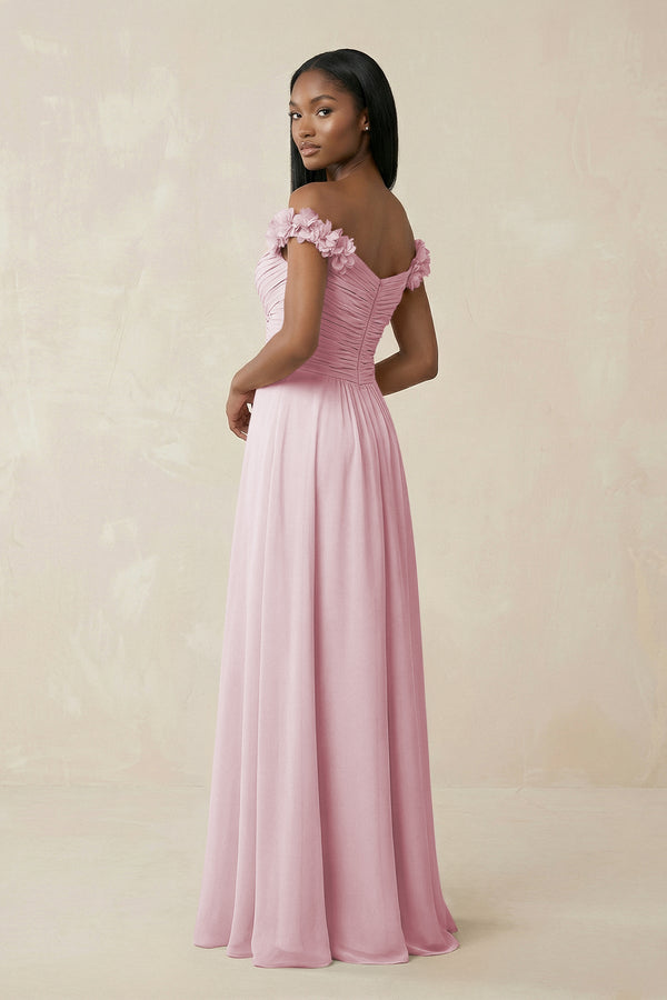 Pleated Off - the - Shoulder A - Line Chiffon Bridesmaid Dress in Candy Pink - SHE IS ME Bridesmaid Dresses