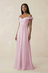 Pleated Off-the-Shoulder A-Line Chiffon Bridesmaid Dress in Candy Pink | KISSBRIDAL