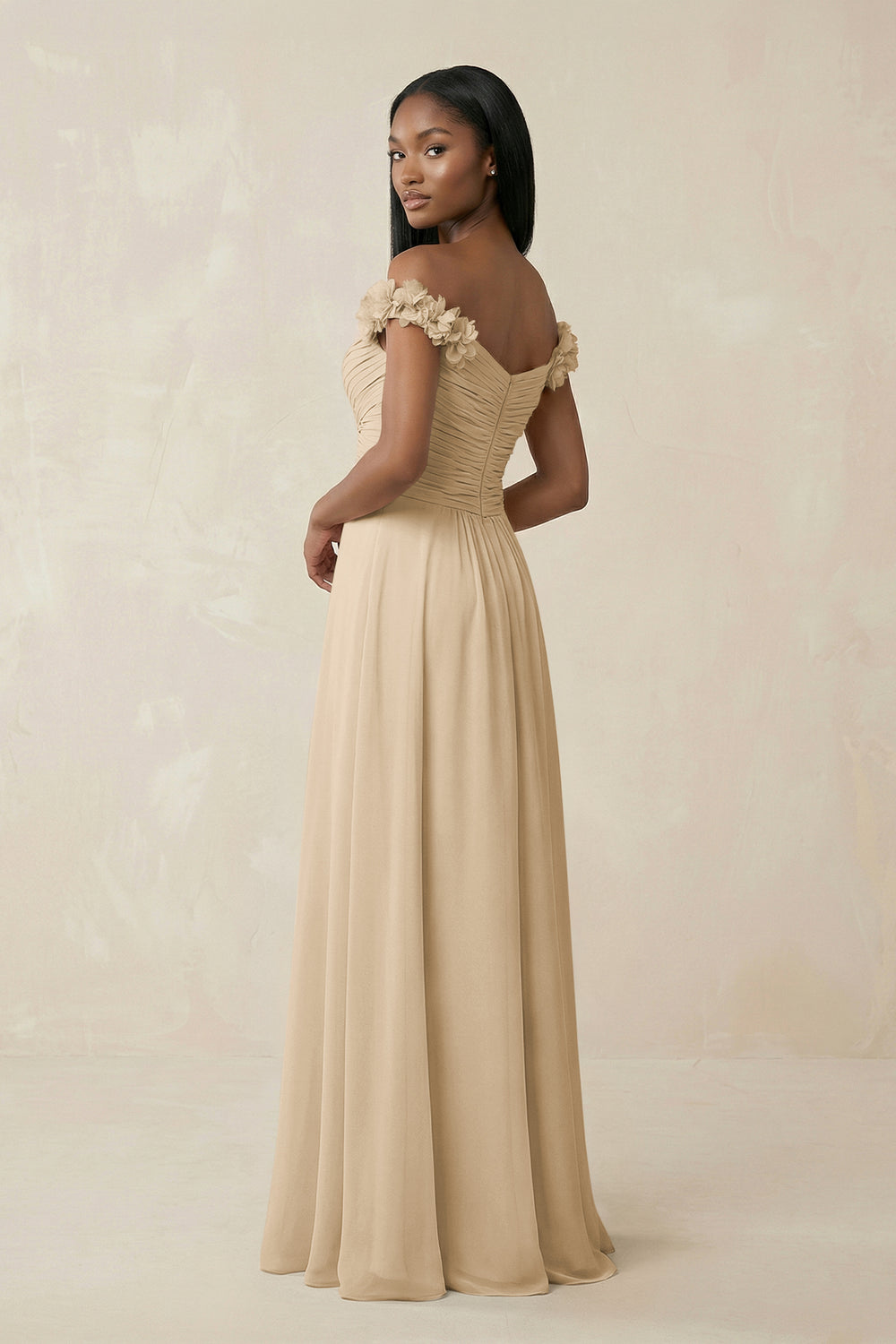 Pleated Off-the-Shoulder A-Line Chiffon Bridesmaid Dress in Champagne