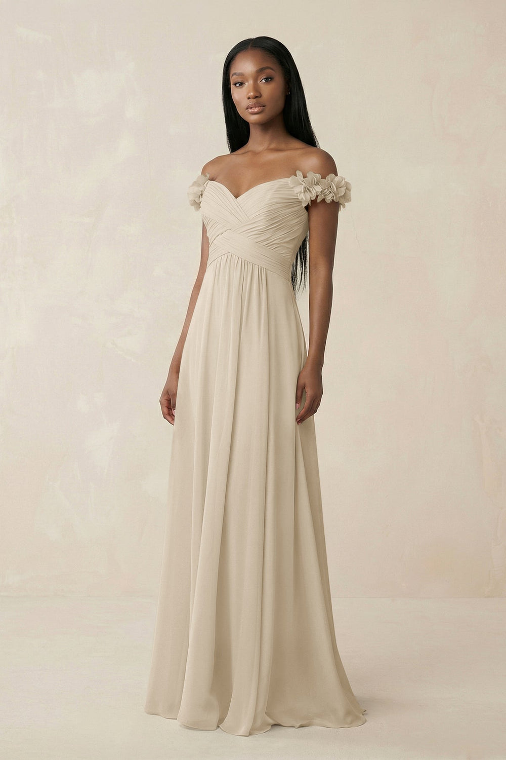 Pleated Off - the - Shoulder A - Line Chiffon Bridesmaid Dress in Champagne - SHE IS ME Bridesmaid Dresses