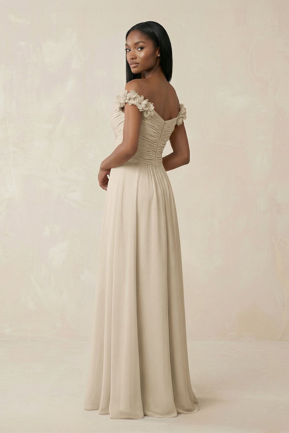 Pleated Off - the - Shoulder A - Line Chiffon Bridesmaid Dress in Champagne - SHE IS ME Bridesmaid Dresses