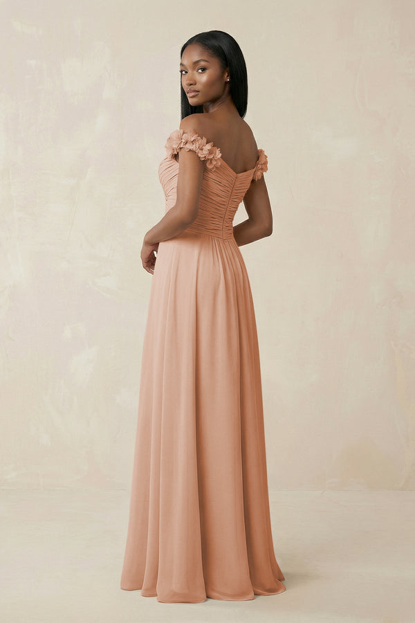 Pleated Off - the - Shoulder A - Line Chiffon Bridesmaid Dress in Champagne Rose - SHE IS ME Bridesmaid Dresses