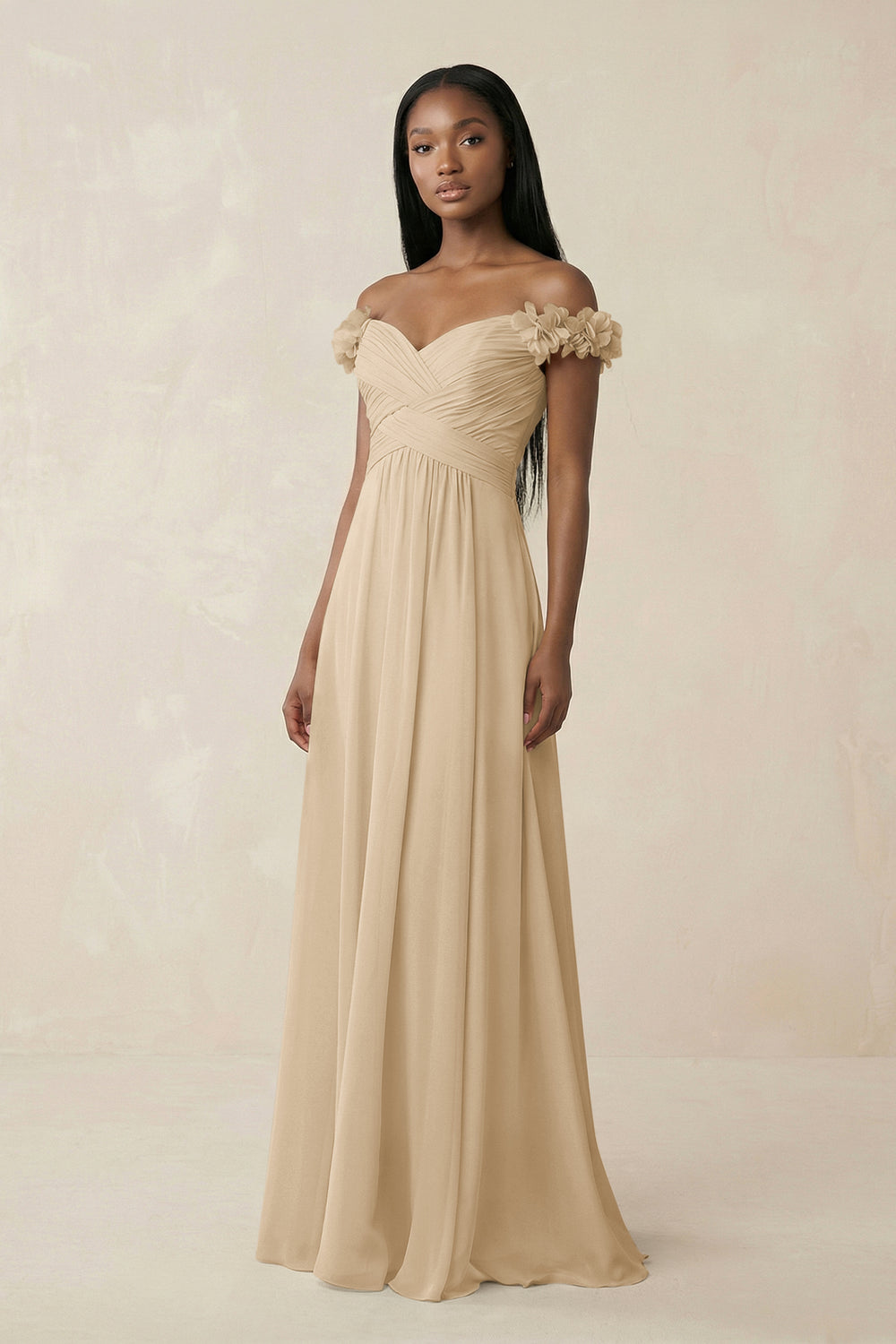 Pleated Off-the-Shoulder A-Line Chiffon Bridesmaid Dress in Champagne