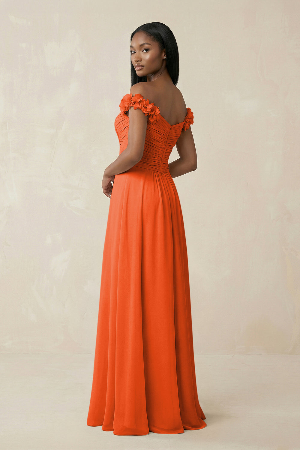 Pleated Off-the-Shoulder A-Line Chiffon Bridesmaid Dress in Cinnamon