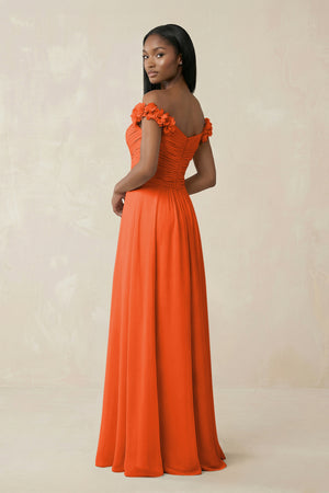 Pleated Off-the-Shoulder A-Line Chiffon Bridesmaid Dress in Cinnamon (2) | KISSBRIDAL