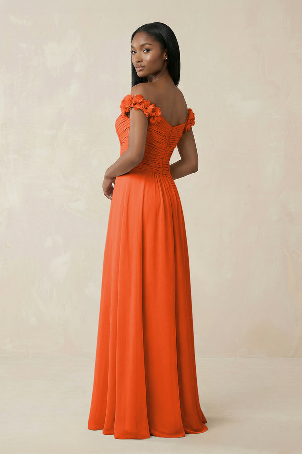 Pleated Off-the-Shoulder A-Line Chiffon Bridesmaid Dress in Cinnamon (2) | KISSBRIDAL