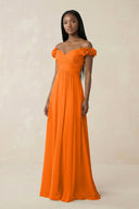 Pleated Off - the - Shoulder A - Line Chiffon Bridesmaid Dress in Cinnamon - SHE IS ME Bridesmaid Dresses