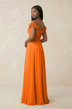 Pleated Off - the - Shoulder A - Line Chiffon Bridesmaid Dress in Cinnamon - SHE IS ME Bridesmaid Dresses