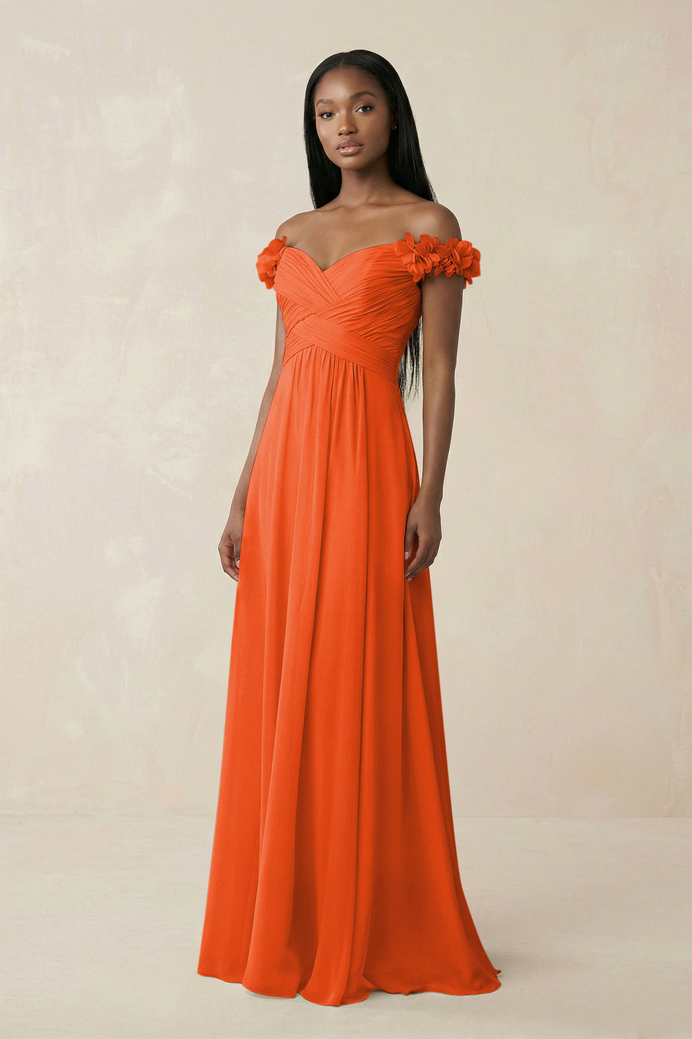 Pleated Off-the-Shoulder A-Line Chiffon Bridesmaid Dress in Cinnamon