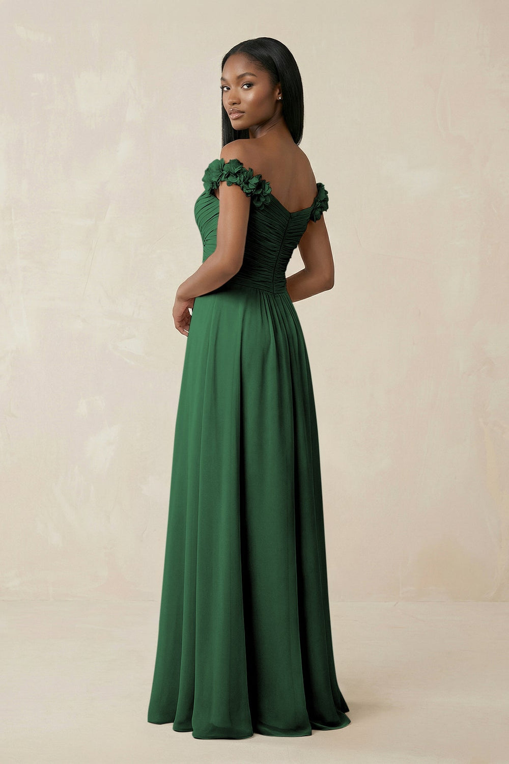Pleated Off - the - Shoulder A - Line Chiffon Bridesmaid Dress in Dark Green - SHE IS ME Bridesmaid Dresses