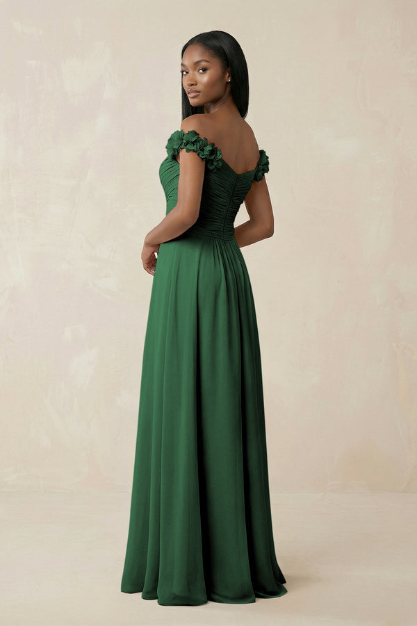 Pleated Off - the - Shoulder A - Line Chiffon Bridesmaid Dress in Dark Green - SHE IS ME Bridesmaid Dresses