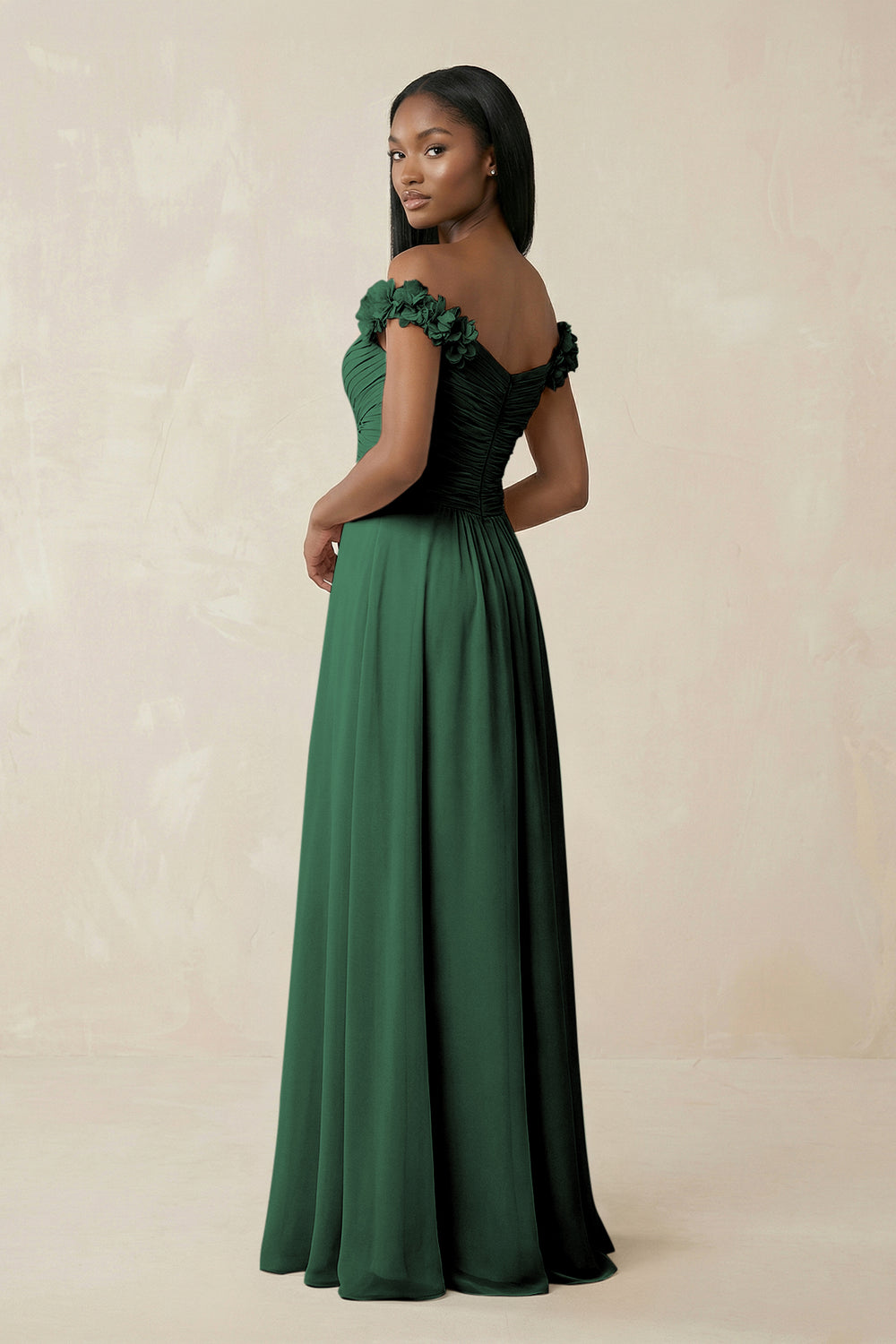 Pleated Off-the-Shoulder A-Line Chiffon Bridesmaid Dress in Dark Green
