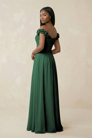Pleated Off-the-Shoulder A-Line Chiffon Bridesmaid Dress in Dark Green (2) | KISSBRIDAL