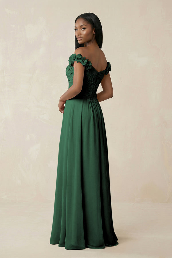 Pleated Off-the-Shoulder A-Line Chiffon Bridesmaid Dress in Dark Green (2) | KISSBRIDAL