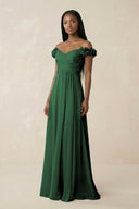 Pleated Off - the - Shoulder A - Line Chiffon Bridesmaid Dress in Dark Green - SHE IS ME Bridesmaid Dresses