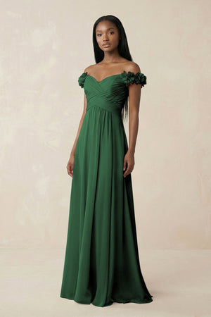 Pleated Off - the - Shoulder A - Line Chiffon Bridesmaid Dress in Dark Green - SHE IS ME Bridesmaid Dresses