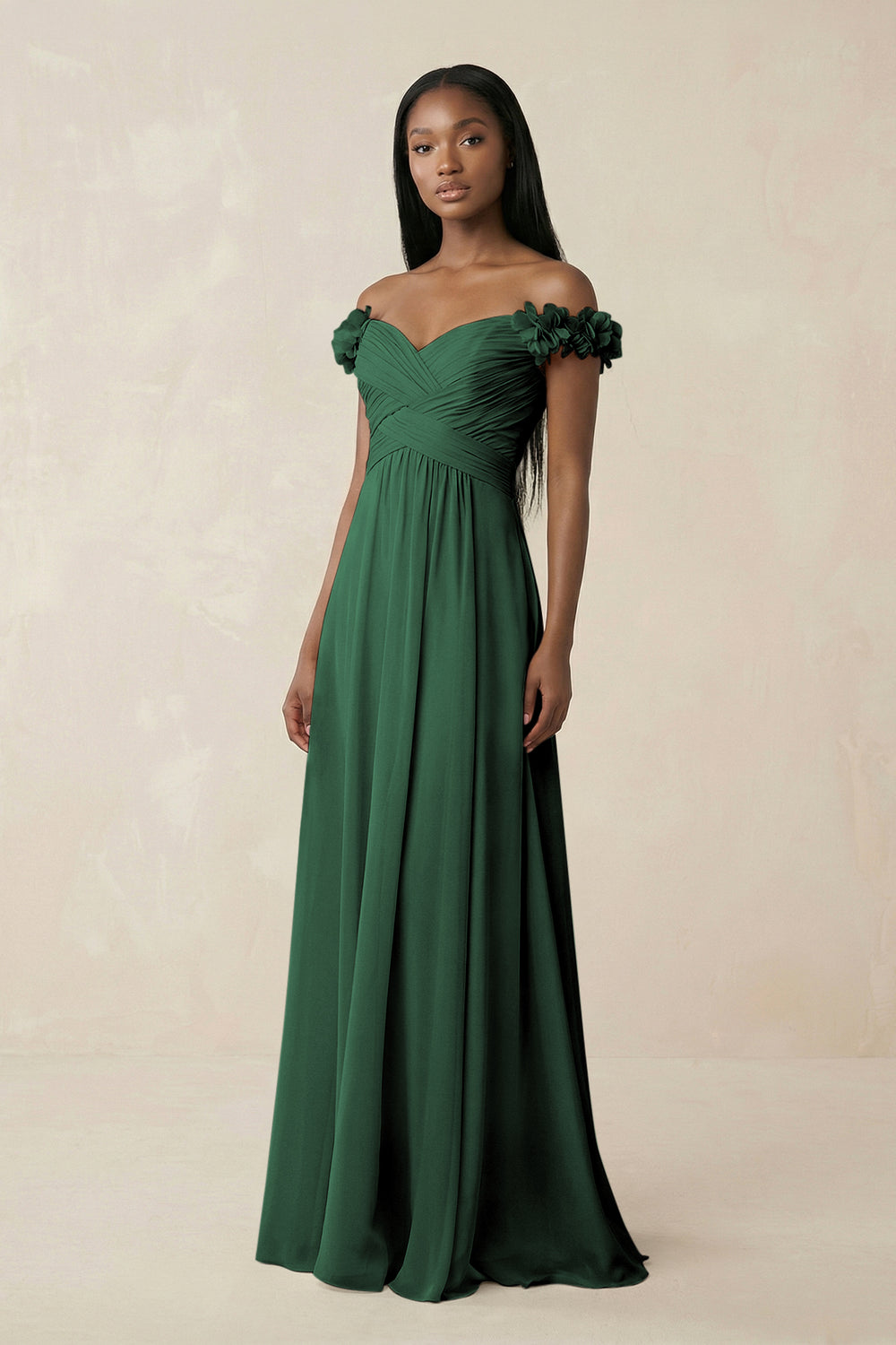 Pleated Off-the-Shoulder A-Line Chiffon Bridesmaid Dress in Dark Green