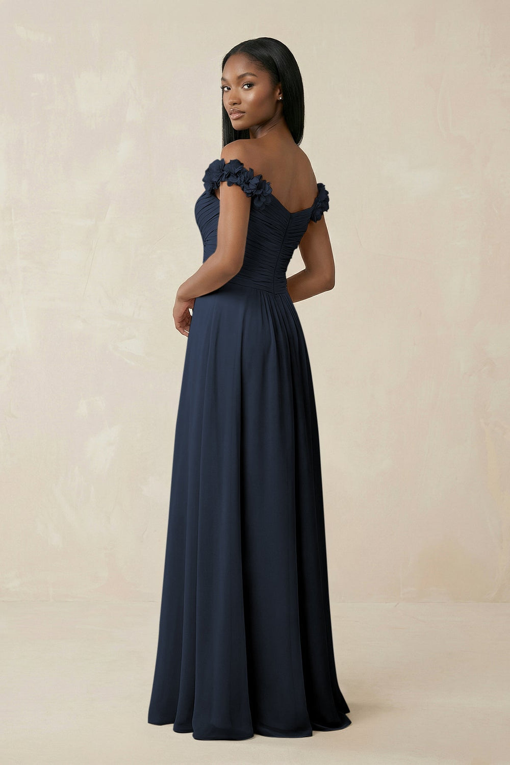 Pleated Off - the - Shoulder A - Line Chiffon Bridesmaid Dress in Black - SHE IS ME Bridesmaid Dresses