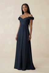 Pleated Off - the - Shoulder A - Line Chiffon Bridesmaid Dress in Dark Navy - KISS BRIDAL Bridesmaid Dresses