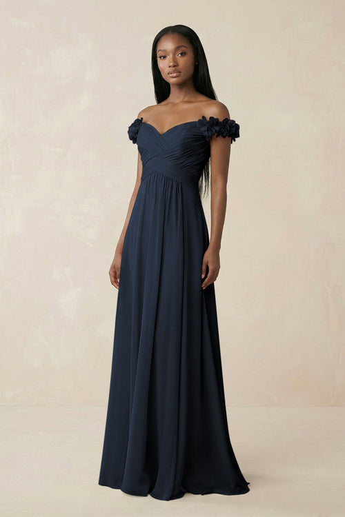 Pleated Off - the - Shoulder A - Line Chiffon Bridesmaid Dress in Dark Navy - KISS BRIDAL Bridesmaid Dresses