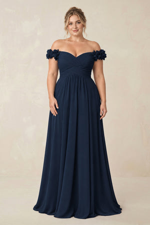 Pleated Off-the-Shoulder A-Line Chiffon Bridesmaid Dress in Dark Navy [sizeplus] | KISSBRIDAL