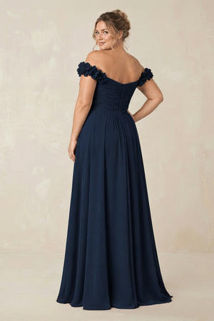Pleated Off-the-Shoulder A-Line Chiffon Bridesmaid Dress in Dark Navy [sizeplus] | KISSBRIDAL
