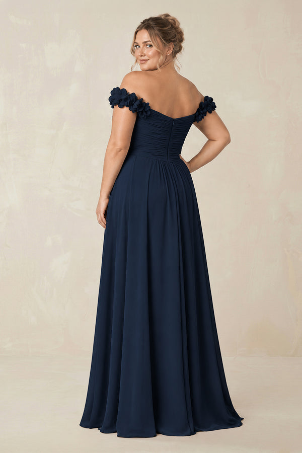 Pleated Off-the-Shoulder A-Line Chiffon Bridesmaid Dress in Dark Navy [sizeplus] | KISSBRIDAL