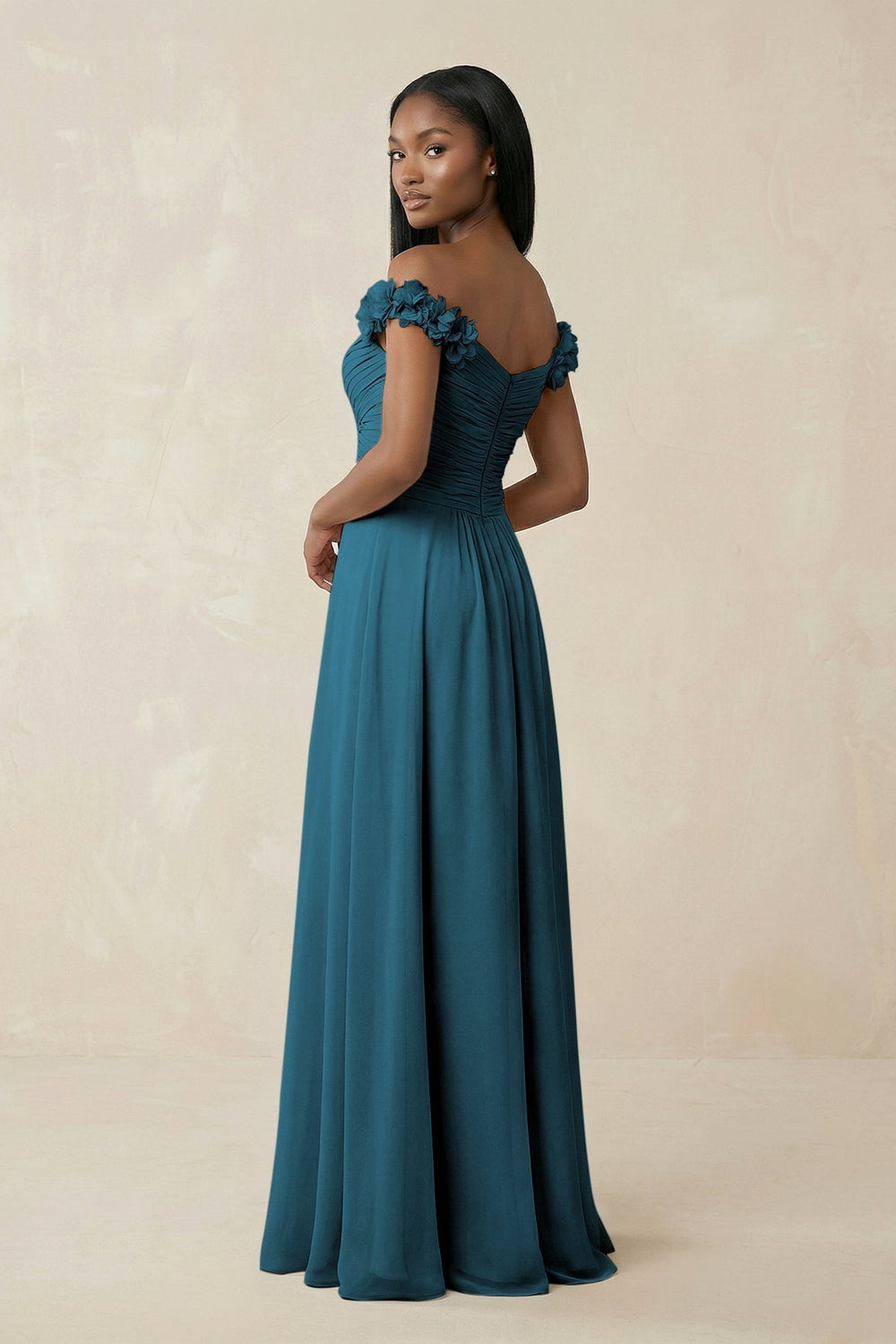 Pleated Off - the - Shoulder A - Line Chiffon Bridesmaid Dress in Dark Teal - KISS BRIDAL Bridesmaid Dresses