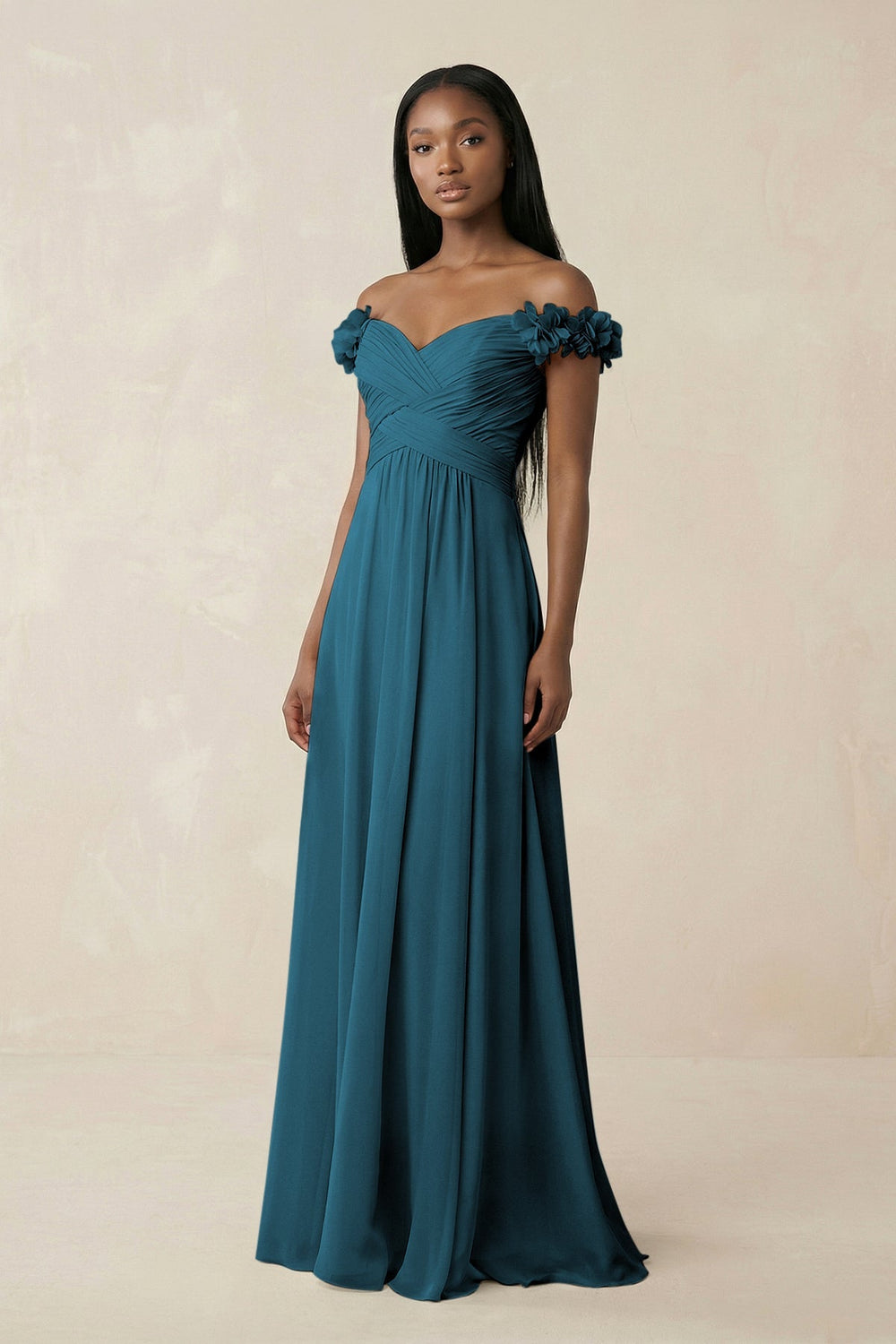 Pleated Off - the - Shoulder A - Line Chiffon Bridesmaid Dress in Dark Teal - KISS BRIDAL Bridesmaid Dresses