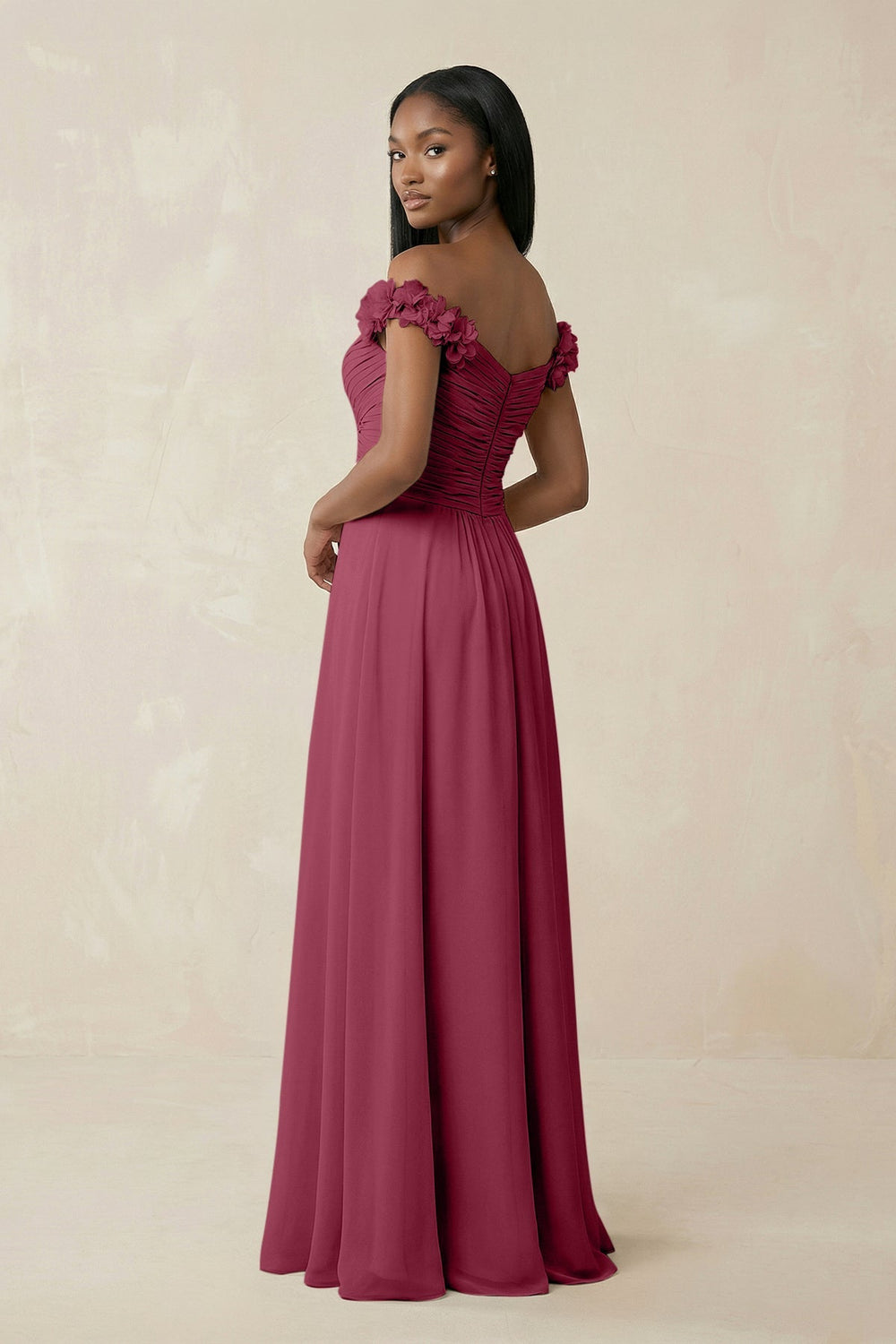 Pleated Off - the - Shoulder A - Line Chiffon Bridesmaid Dress in Desert Rose - SHE IS ME Bridesmaid Dresses