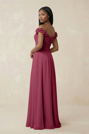 Pleated Off - the - Shoulder A - Line Chiffon Bridesmaid Dress in Desert Rose - SHE IS ME Bridesmaid Dresses
