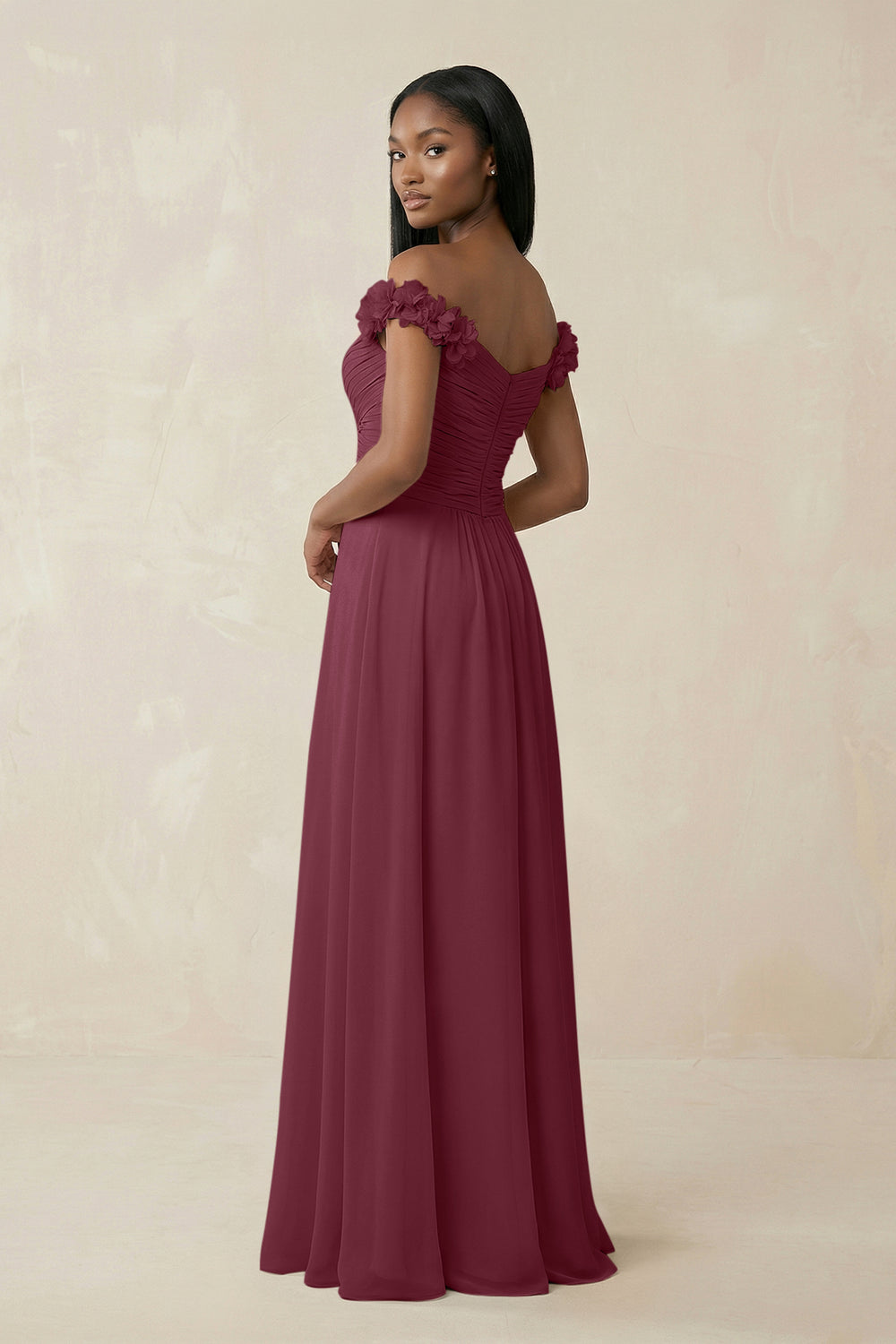 Pleated Off-the-Shoulder A-Line Chiffon Bridesmaid Dress in Desert Rose