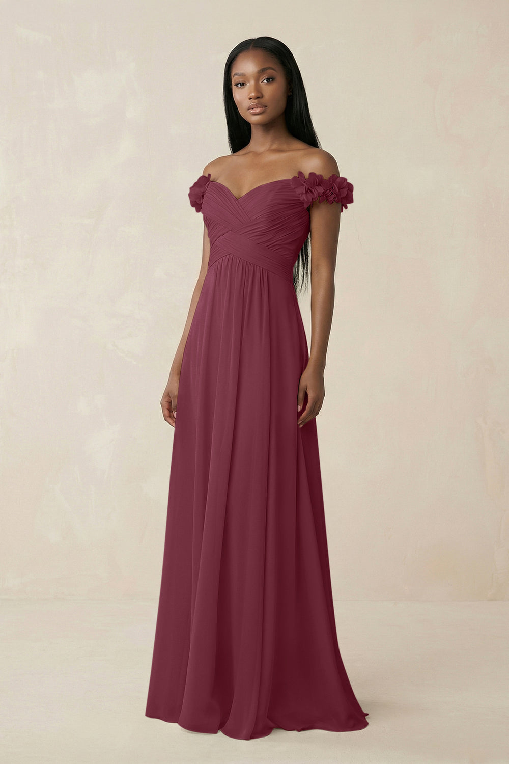 Pleated Off-the-Shoulder A-Line Chiffon Bridesmaid Dress in Desert Rose