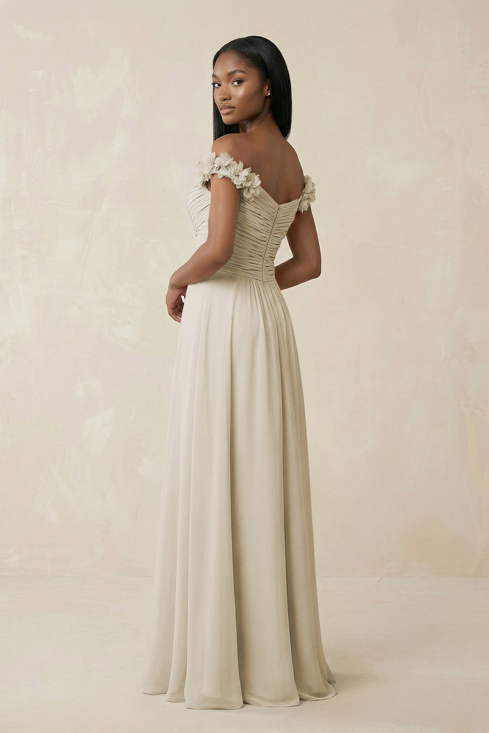 Pleated Off - the - Shoulder A - Line Chiffon Bridesmaid Dress in Dove Gray - KISS BRIDAL Bridesmaid Dresses