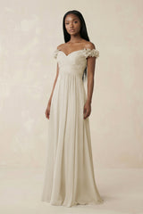 Pleated Off - the - Shoulder A - Line Chiffon Bridesmaid Dress in Dove Gray - KISS BRIDAL Bridesmaid Dresses