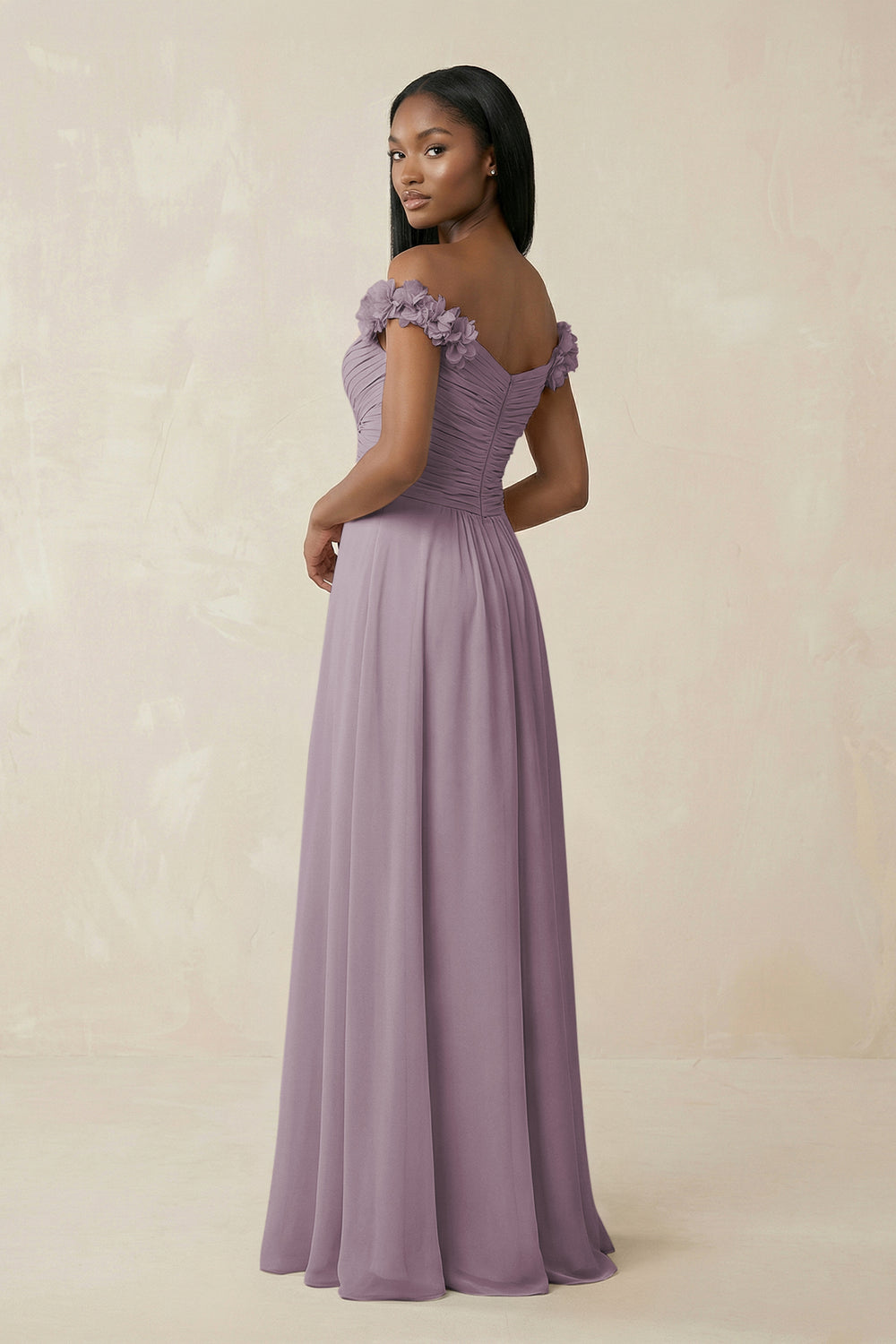Pleated Off-the-Shoulder A-Line Chiffon Bridesmaid Dress in Dusk