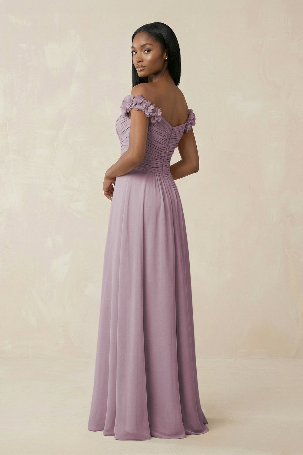 Pleated Off - the - Shoulder A - Line Chiffon Bridesmaid Dress in Dusk - SHE IS ME Bridesmaid Dresses