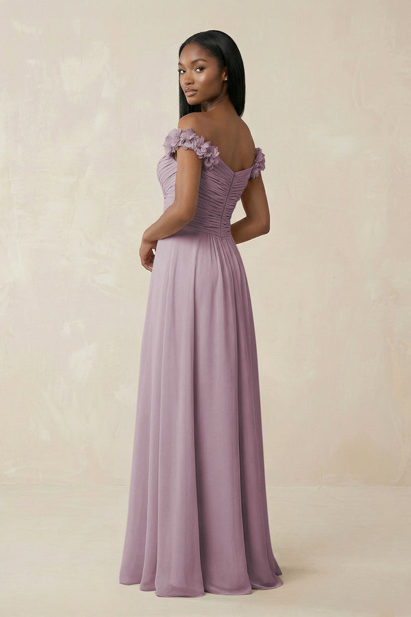 Pleated Off - the - Shoulder A - Line Chiffon Bridesmaid Dress in Dusk - SHE IS ME Bridesmaid Dresses