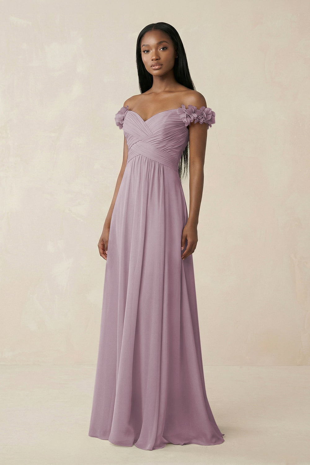 Pleated Off - the - Shoulder A - Line Chiffon Bridesmaid Dress in Dusk - SHE IS ME Bridesmaid Dresses