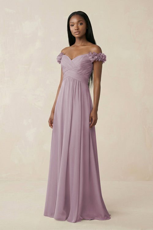 Pleated Off - the - Shoulder A - Line Chiffon Bridesmaid Dress in Dusk - SHE IS ME Bridesmaid Dresses