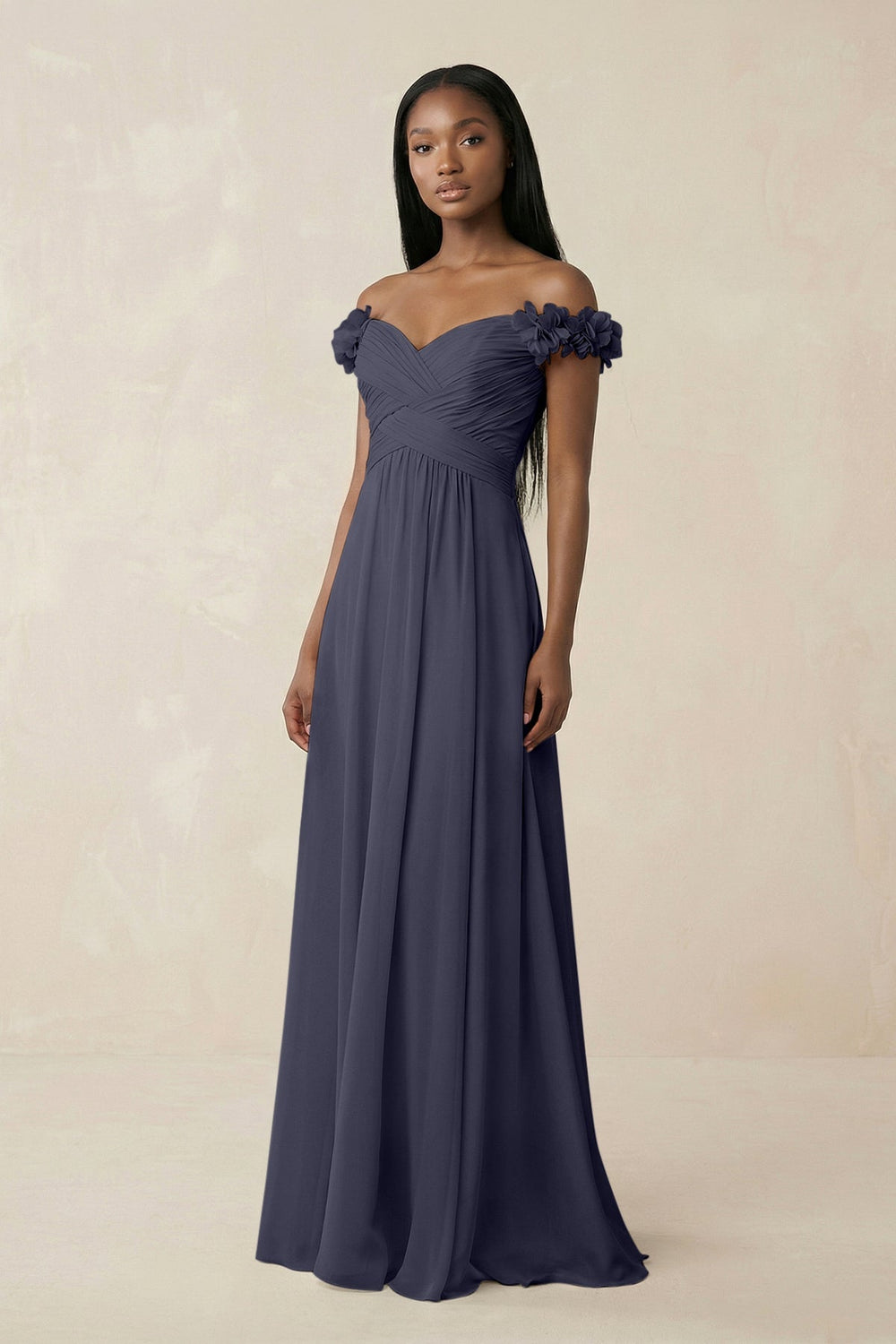 Pleated Off - the - Shoulder A - Line Chiffon Bridesmaid Dress in Dusk Blue - SHE IS ME Bridesmaid Dresses