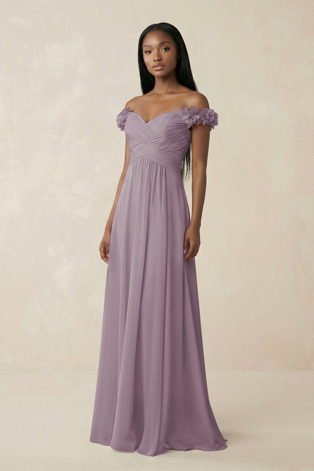 Pleated Off-the-Shoulder A-Line Chiffon Bridesmaid Dress in Dusk