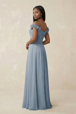 Pleated Off-the-Shoulder A-Line Chiffon Bridesmaid Dress in Dusty Blue (2) | KISSBRIDAL